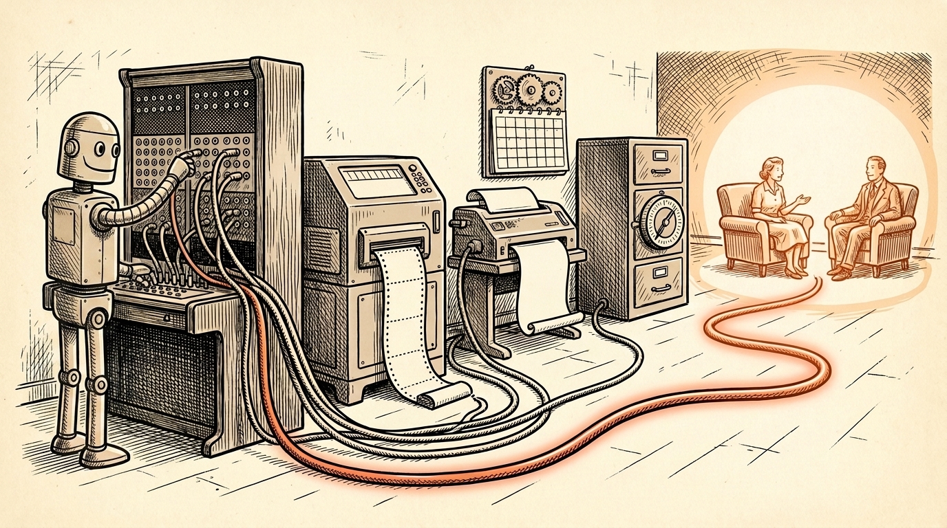 An Alan Oldham–style illustration of a robot operator at a vintage switchboard, patching cables from survey, messaging, calendar, and data machines into one line that powers a warmly lit room where two people talk — automation doing the plumbing so customer conversations stay at the centre.