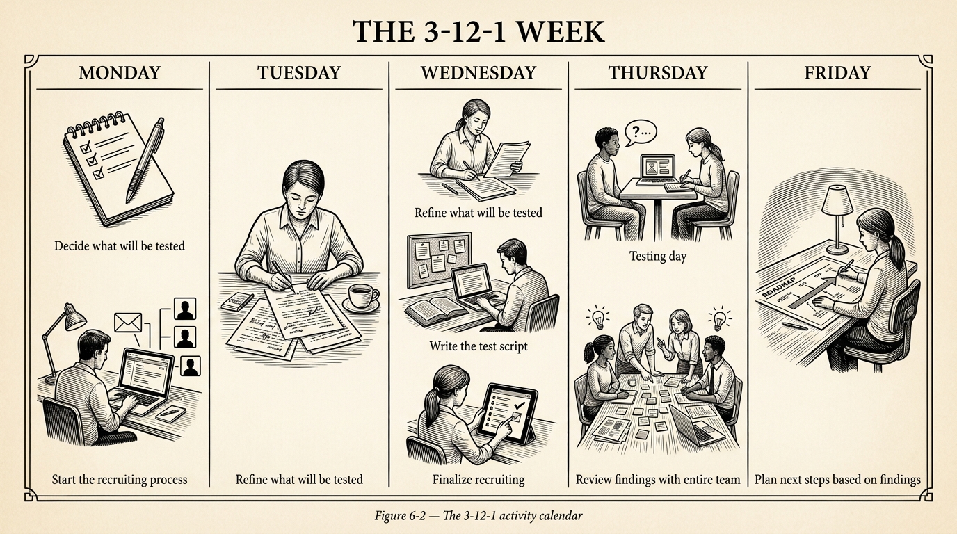 The 3-12-1 week from Gothelf's Lean UX — three users, at 12 noon, one day a week: Monday decide what to test and start recruiting, Tuesday refine, Wednesday write the test script and finalize recruiting, Thursday testing day and review with the team, Friday plan next steps.