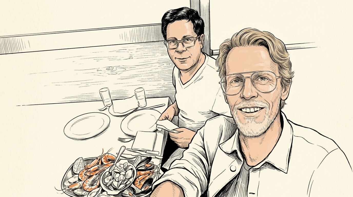 Illustration of Steve Portigal and Stefan Haas sharing a seafood platter in Lisbon, based on their selfie.