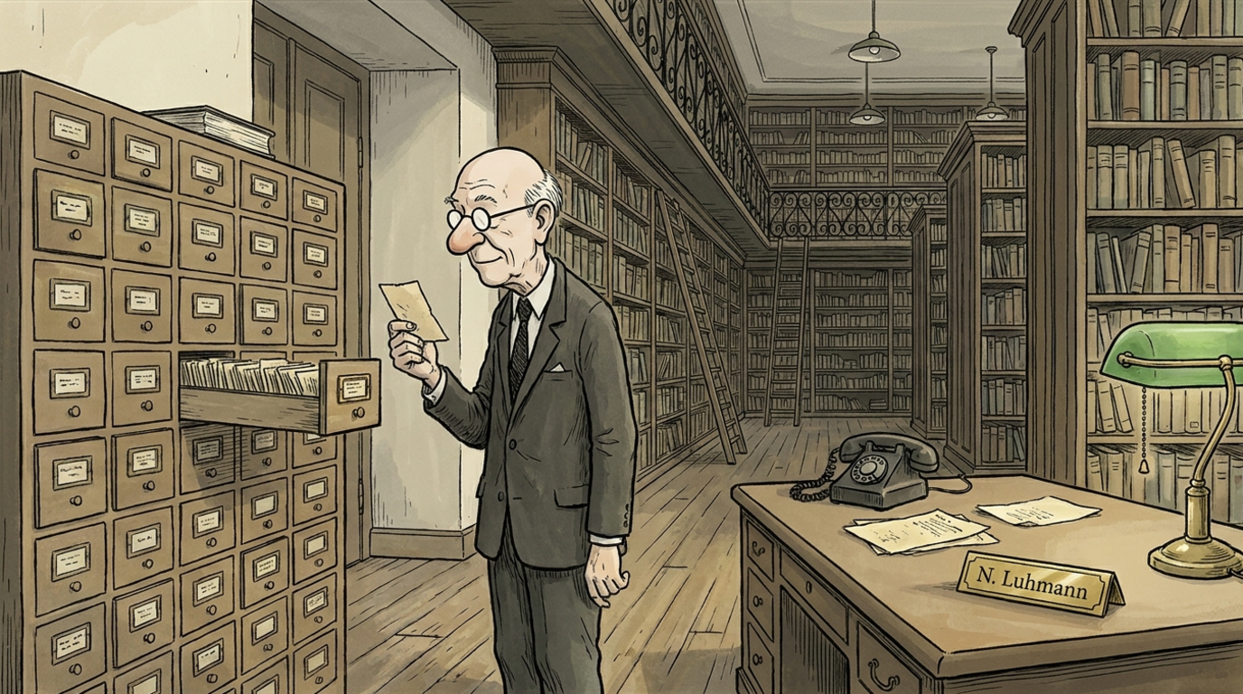 Cartoon: Niklas Luhmann in a library, pulling a card from the open drawer of a wooden card catalog, his Zettelkasten, with a desk, a rotary phone and a nameplate reading N. Luhmann