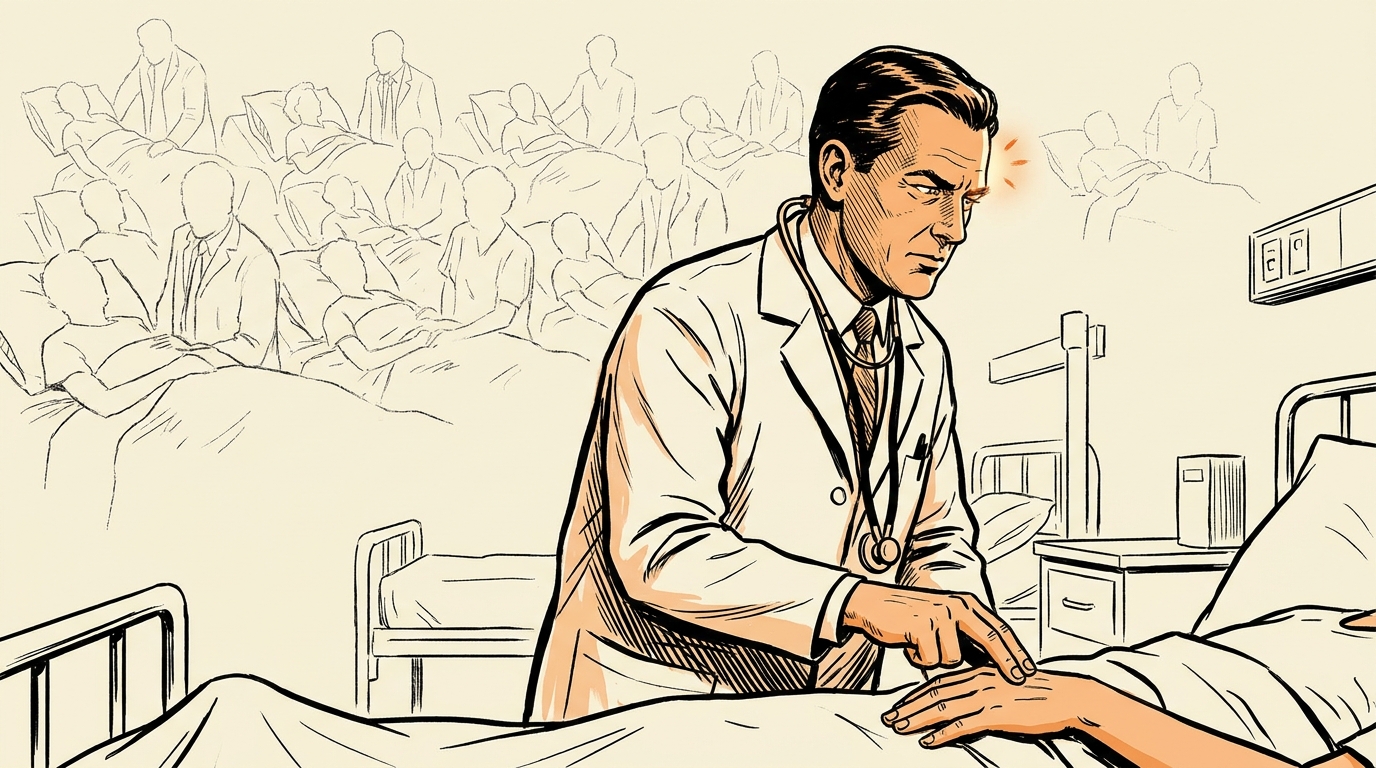 An Alan Oldham–style black-and-white illustration of a physician examining a patient — a portrait of the diagnostician training intuition case by case.