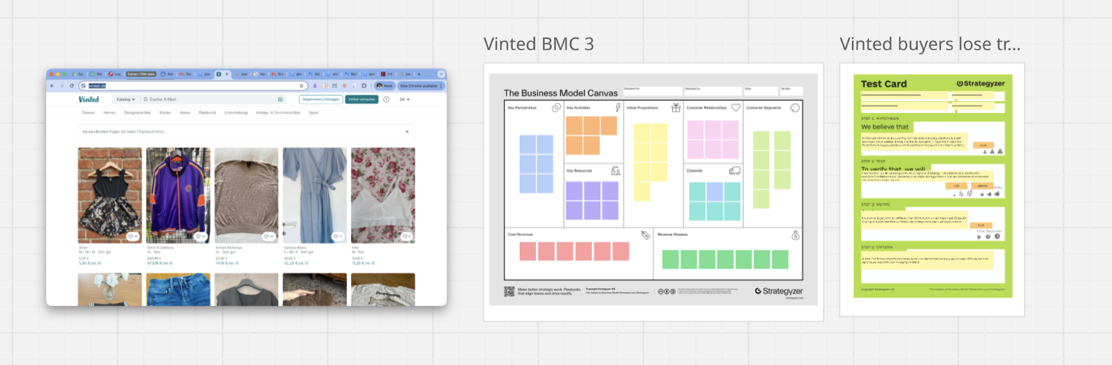 The Vinted business model and a Strategyzer Test Card, mapped together on a Miro board