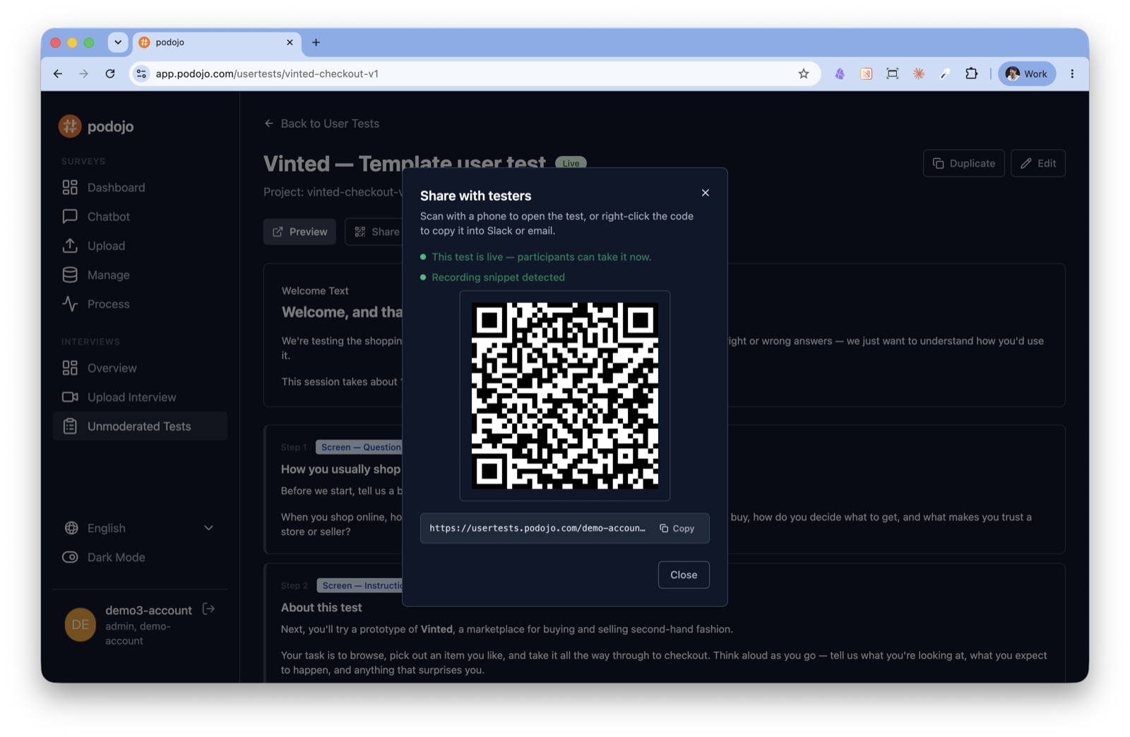 The unmoderated test live in the PoDojo app, with a share QR code and 'recording snippet detected'