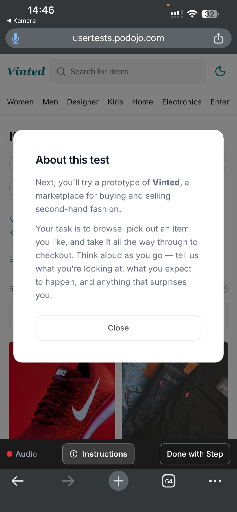The test running on a phone: the task brief for the Vinted prototype