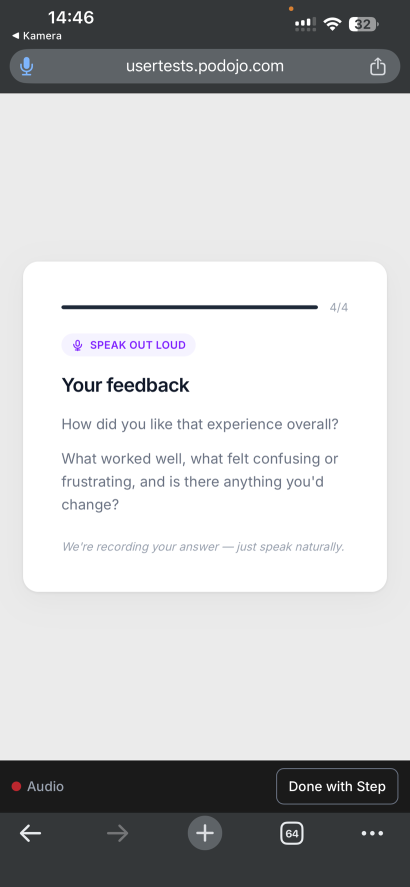 The spoken-feedback step of the unmoderated test on mobile
